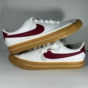 Nike White Sneakers with Maroon Swoosh and Gum Sole